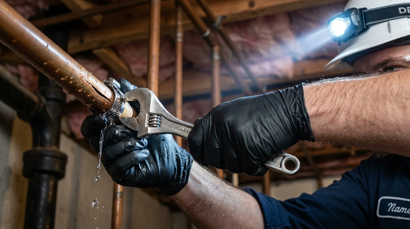 Emergency pipe clamp repair being performed by a Johns Plumbing LLC plumber in Tazewell