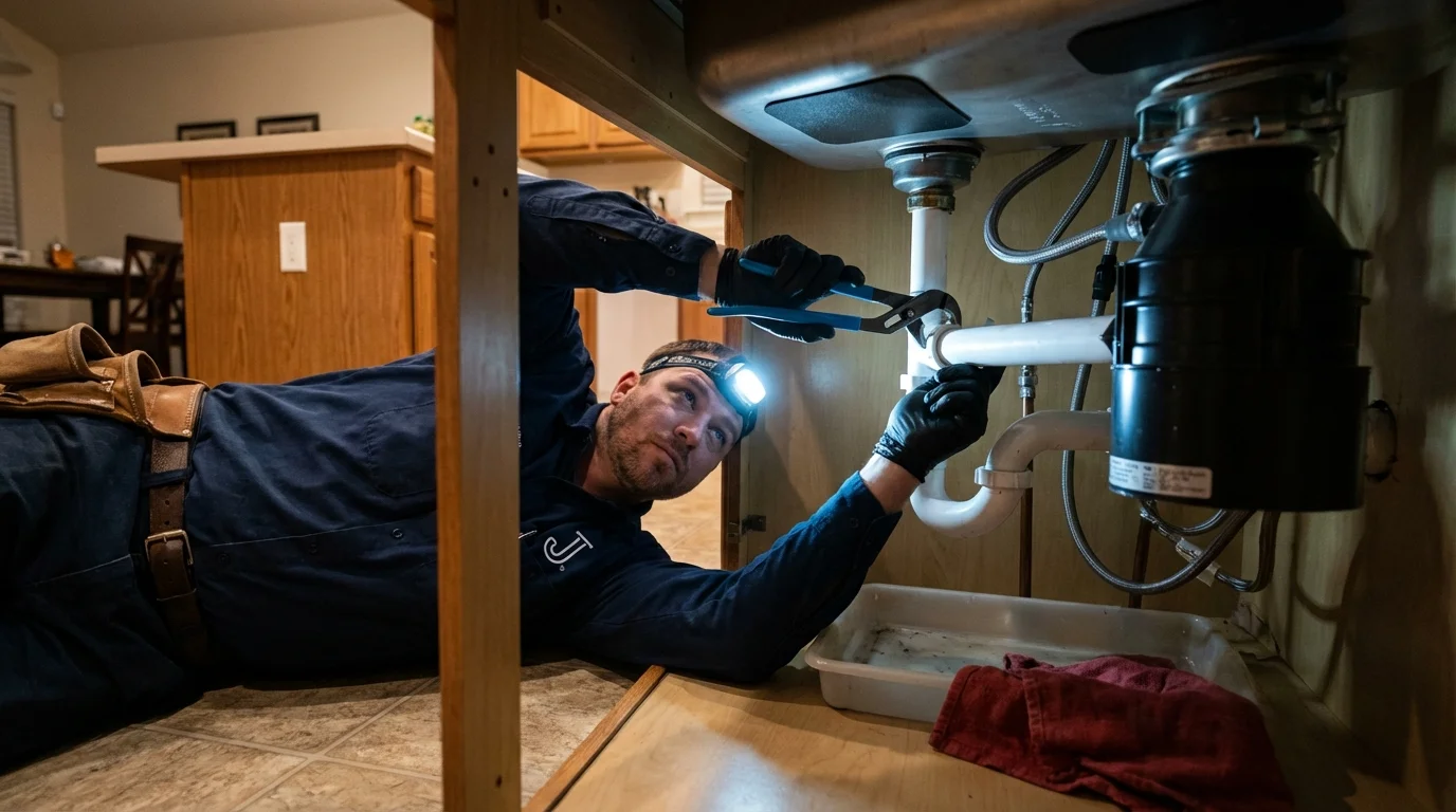 P-trap and supply line connections under a kitchen sink showing a common leak point in Tazewell, VA